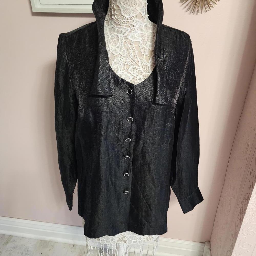 NWT Simonton Black python reptile print classy a shine to fabric blouse L